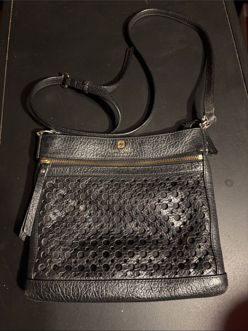 kate spade Black Perforated Leather Crossbody with Gold Hardware